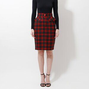 Valentino 90s Red & Charcoal Wool Plaid Skirt - Sz 12